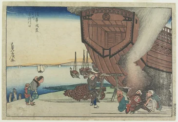 Ved mundingen af Aji-floden, 1800-tallet (farvet træbloktryk)