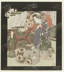 Courtesane gør klar til natten Aftenskær, når du spreder sengen for første gang Shikizome no sekishô (titel på objekt) Eight Views of the Courtesan Quarter (serietitel) Kuruwa hakkei (serietitel på objekt)