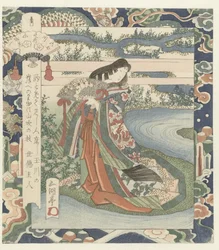 Dame venter ved flodbredden Ide-floden i Yamashiro, nummer et Yamashiro - sono ichi (titel på objekt) The Six Jewel Rivers (serietitel) Mutamagawa no uchi (serietitel på objekt)