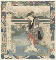 Kvinde vasker tøj i floden Chôbû-floden i Musashi, nummer fire Musashi - sono yon (titel på objekt) The Six Jewel Rivers (serietitel) Mutamagawa no uchi (serietitel på objekt)
