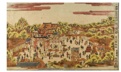 Perspektivbillede af Hachiman-helligdommen ved Fukagawa-floden, ca. 1770-1780 (træbloktryk på papir)