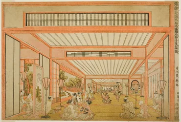 Udsigt over receptionslokaler i Japan - Underholdning på rottens dag i moderne stil (Uki-e wakoku keiseki ozashiki imayo ne no hi no asobi no zu)