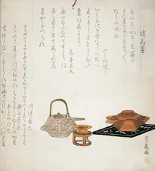 Nytårsfrokost, surinomo-træsnit af Utagawa Toyohiro (1773-1829) med digt af Sai Mochiyo og fem andre digte af Fujimatsu Yomeko, Banij Nagamaru, Kawazu Kenememaru, Homizu Kinshu og Moxchinari, Japan