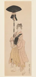 Ung kvinde bærer udsmykket stang til et optog, ca. 1805-6 (træbloktryk, smal koban tate-e surimono-stil tryk)
