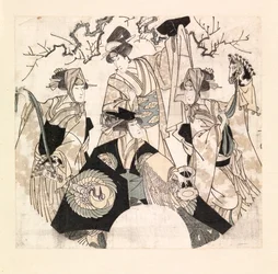 Skuespillere udfører scenedans af de fire Onnagataer, ca. 1800-05 (farvetræssnit)