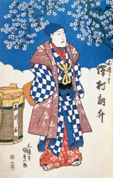 Japansk skuespiller i kimono og baggrund dekoreret med æbleblomster af Utagawa Toyokuni, træsnit