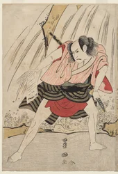 Kataoka Nizaemon VII og Ichikawa Yaozo III i en konfrontation ved siden af ​​et vandfald