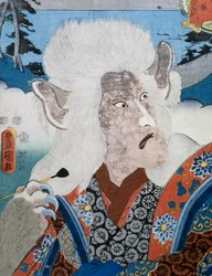 Portræt af Kabuki teaterskuespiller Morita Karya iført zoomorf maske, ukiyo-e kunsttryk af Utagawa Toyokuni (1769-1825), træsnit, japansk civilisation, Edo-periode
