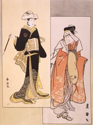 Portrætter af skuespillere på scenen, omkring 1794-1796, ukiyo-e af Shun-Yei (slutningen af det 18. århundrede) og Utagawa Toyokuni (1769-1825), gengivelse af træsnit, japansk civilisation, Edo-perioden (1603-1868)