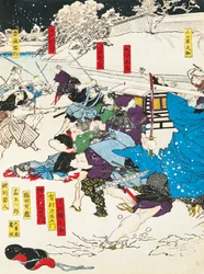 Slaget om sneen, Samurai forsvarer en japansk fæstning, af Utagawa Toyokuni, træsnit