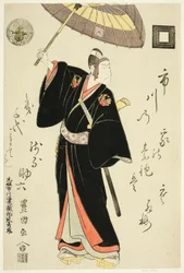 Skuespilleren Ichikawa Danjuro VI som Sukeroku i stykket "Omiura Date no Nebiki," opførte på Nakamura Theatre i den tredje måned, 1799
