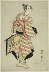 Skuespilleren Sawamura Sojuro III som pakkehest-manden Muchizo i stykket "Miyamairi Musubi no Kamigaki", opført på Kiri Theatre i den ellevte måned, 1797