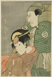 Skuespillerne Kataoka Nizaemon VII som Iyo no Taro og Iwai Hanshiro IV som Kojoro-gitsune fra Okazaki i stykket "Seiwa Nidai Oyose Genji", optrådte på Miyako Theatre i den ellevte måned, 1796