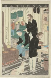 Køkkenet i en udlændings hus Ijin yashiki ryori no zu (titel på objekt)