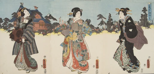 Scene fra Genji monogatari (Genji-fortællingen) af Murasaki Shibuku (f. 978) ca. 1860 (farve-træsnit)