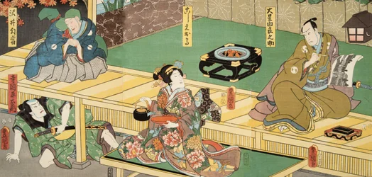 Scene fra Genji monogatari (Fortælling om Genji) af Murasaki Shibuku (f. 978) ca. 1860 (træblok i farver)