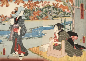 Scene fra Genji monogatari (Fortælling om Genji) af Murasaki Shibuku (f. 978) ca. 1860 (træblok i farver)