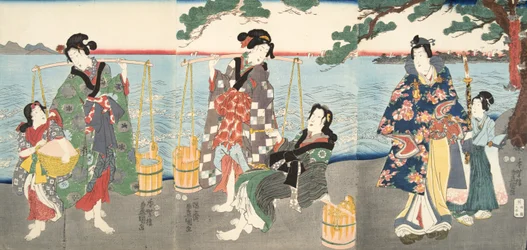 Scene fra Genji monogatari (Genji-fortællingen) af Murasaki Shibuku (f. 978) ca. 1860 (farve-træsnit)