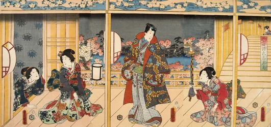 Scene fra Genji monogatari (Fortælling om Genji) af Murasaki Shibuku (f. 978) ca. 1860 (træblok i farver)