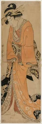 Geisha stående ved siden af en Shamisen-sag, ca. 1810.
