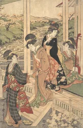 Gruppe af kvinder på Engawa af et landsted, i tiden for kirsebærblomstringen,..., ca. 1806.