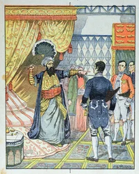 Deyen af Algier, Hussein ibn El Hussein, slår den franske ambassadør M. Deval med en vifte, 27. april 1827, omslag til en skolebog, 1891