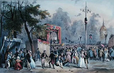"Fete de Roi" på Champs-Elysees, Paris, graveret af Lemercier, ca. 1820 (farvelitografi)