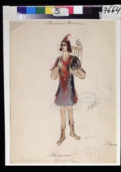 Kostumedesign til operaen ""Tryllefløjten"" af Wolfgang Amadeus Mozart (1756-1791)(Kostumedesign til operaen ""die Zauberflote"" af W A Mozart). Værk af V.Bushina (begyndelsen af ​​det 19. århundrede). Akvarel, gouache og guld på papir