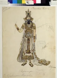Kostumedesign til operaen ""Tryllefløjten"" af Wolfgang Amadeus Mozart (1756-1791)(Kostumedesign til operaen ""die Zauberflote"" af W A Mozart). Værk af V.Bushina (begyndelsen af ​​det 19. århundrede). Akvarel, gouache og guld på papir