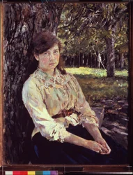 Ung pige i sollys. Portræt af Maria Simonovich. Maleri af Valentin Alexandrovich Serov (1865-1911), olie på lærred 1888. Russisk kunst fra 1800-tallet, art nouveau, modernisme. Statens Tretyakov-galleri, Moskva.