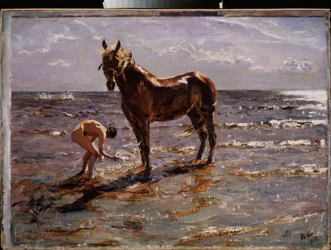 Hestens bad. (Ung nøgen mand plasker en hest, to andre skikkelser løber ud på havet). Maleri af Valentin Alexandrovich Serov (1865-1911), olie på lærred