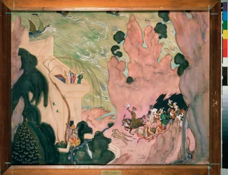 Forberedende gardin til balletten ""Sheherazade"" (Scheherazade) af Nicholas (Nikolai) Rimsky Korsakov (Rimsky-Korsakov) (1844-1908). Værk af Valentin Alexandrovich Serov (1865-1911), akvarel og gouache på papir