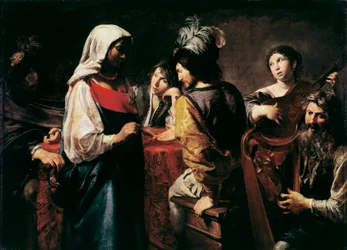 Spåkonen-maleri af Jean Valentin de Boulogne (1594-1632) Mål 125 x 175 cm Paris, Louvre-museet