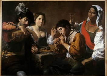 Møde i en kabaret Maleri af Valentin de Boulogne (1591-1632) 1600-tallet søn. 0,96x1,33 m
