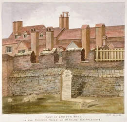 Rester af London Wall i kirkegården St Giles uden Cripplegate, City of London, 1825