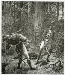Rask hunden dræber en engelsk soldat - illustration fra Bug-Jargal, gravering fra det 19. århundrede
