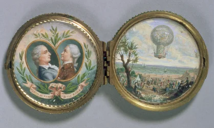 Portrætminiature af J.F. Pilatre og Pierre Romain med en scene af deres ballonopstigning, 1784 (gouache på vellum)