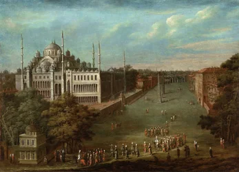 Storvesirens procession på Hippodrome-pladsen med Sultan Ahmed-moskeen, 1737