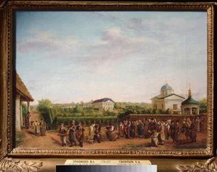 Noce dans le village de Kukavka (Ukraine) (Brylluppet i Kukavka Village) - Maleri af Vasili Andreyevich Tropinin (Vassili Tropinin) (1776-1857), olie på lærred, ca. 1810, russisk kunst