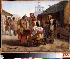 ""En rejsende kvassælger"" Kwas (eller kwass) er en drink, der ligner øl, populær i Rusland og østlige lande. Maleri af Vasili Yefimovich (1839-?) 1862 State Art Museum of the Chuvash Republic, Cheboksary