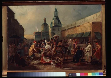 Forfriskningsbod nær den kinesiske mur i Moskva. Maleri af Vasili Yegorovich Astrakhov (?-efter 1867). Olie på lærred, 43 x 57,5 ​​cm