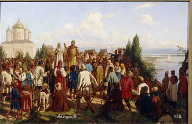 Storprinsen af ​​Novgorod og Kiev, Yaroslav I Vladimirovich, kendt som den kloge (978-1054), promulgerer den første lovkode Russkaya Pravda i 1019. (Storprins Yaroslav I Den vise bekendtgør den første lovkodeks Russkaya Pravda i 1019) . maleri d