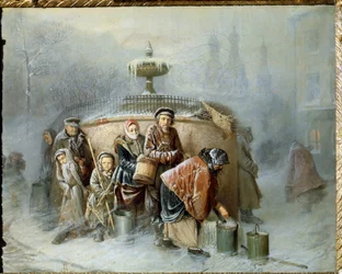 Køen ved fontænen. Midt om vinteren venter byens indbyggere i den kolde vind og tåge på, at det bliver deres tur til at fylde deres spande med drikkevand. (1834-1882)