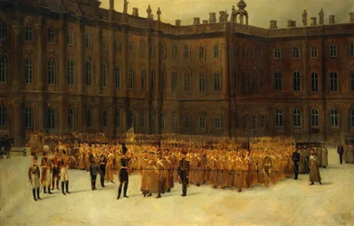 insurrection decembriste ou Insurrection decabriste (1825) - Nicholas I før enhedsdannelsen af Life-Guards Field Engineer Battalion i retten til Vinterpaladset den 14. december, par Maxutov, Vasili Nikolayevich (1826-1886). Olie på lærred, str