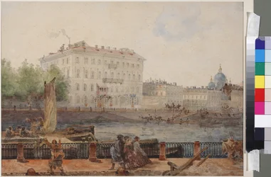 M.D. Tarasovas hus ved Fontankas dæmning, af Sadovnikov, Vasily Semyonovich (1800-1879). Akvarel på papir