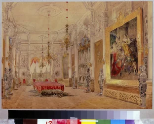 Spisestuen i Herregården Verki. Værk af Vasily Semyonovich Sadovnikov (18000-1879), akvarel på lærred