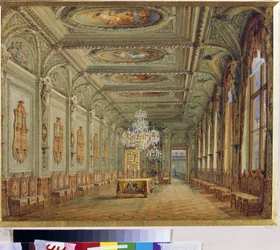 Den vigtigste spisestue (Henri II Gallery) i Yusupov Palace (Moika Palace) i Sankt Petersborg. (The Main Dining Room (Gallery of Henry II) i Yusupov Palace i Skt. Petersborg). Kunstværk af Vasily Semyonovich Sadovnikov (1800-1879), aqua