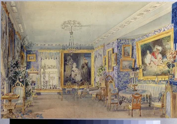 Stuen i Herregården Verki. Værk af Vasily Semyonovich Sadovnikov (1800-1879), akvarel på papir