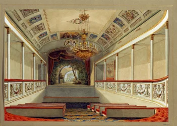Teatersalen i Yusupov-paladset (Moika-paladset), i Sankt Petersborg. (Hjemmebiografen i Yusupov-paladset i Skt. Petersborg). Værk af Vasily Semyonovich Sadovnikov (1800-1879), akvarel på papir. 1800-tallet russisk kunst. Stat Rusland Mus