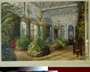 Vinterhaven i Yusupov-paladset (Moika-paladset) i Sankt Petersborg (Vinterhaven i Yusupov-paladset i Skt. Petersborg). Værk af Vasily Semyonovich Sadovnikov (1800-1879), akvarel på papir